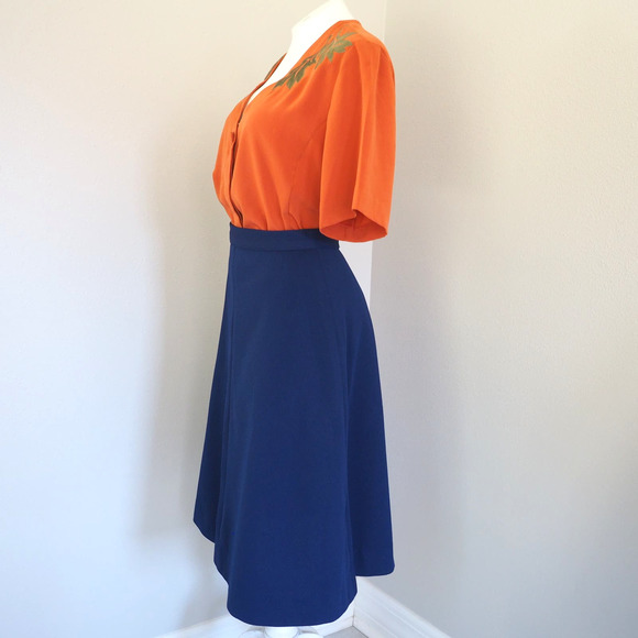 70s Vintage Blue Midi‎ Skirt High Waisted Full Shape Size 2/3 Waist 26 - Picture 4 of 11